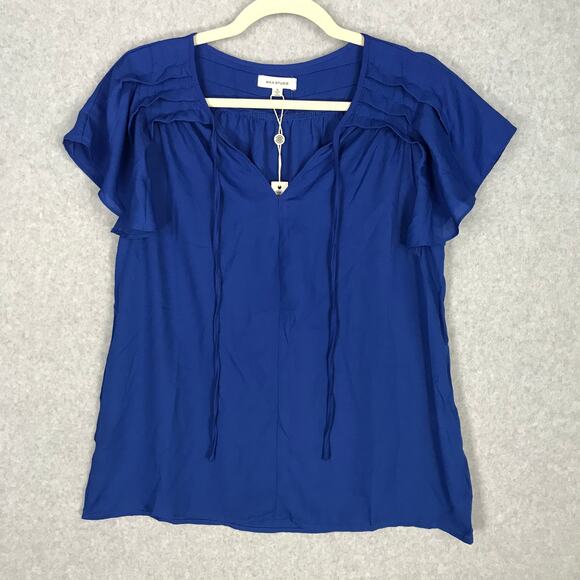 Max Studio Blouse Womens Small Blue Ruffle Office Church Flowy Top Loose Twee - Picture 3 of 11